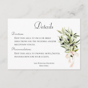 Olive Branch Bouquets Hochzeitsdetails Begleitkarte