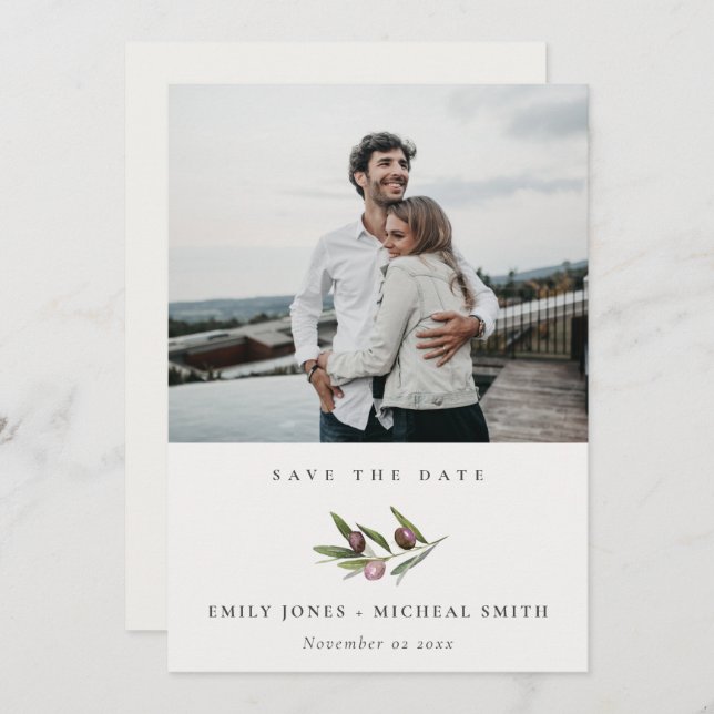 Olive Branch Foliage Save the Date Fotokarte Dankeskarte (Vorne/Hinten)
