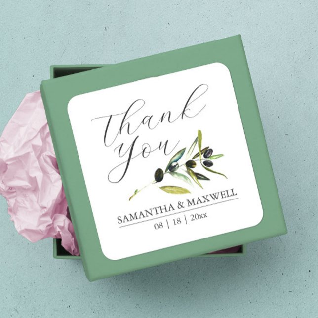 Olive Branch Gastgeschenk Hochzeit Quadratischer Aufkleber (thank you sticker watercolor botanical olive branch wedding favors)