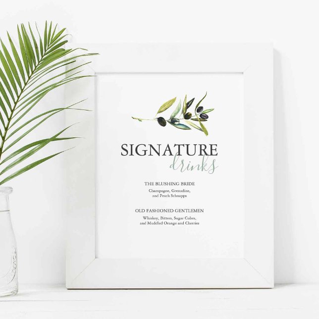 Olive Branch Signature Drinks Wedding Sign Poster (Olive wedding bar signs with watercolor art by Victoria Grigaliunas of Do Tell A Belle)