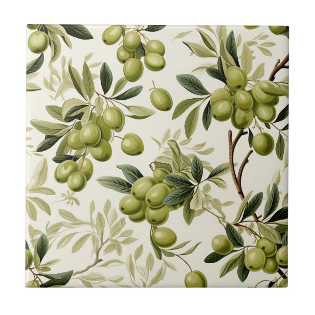 Olive Branch Watercolor Pattern Mediterranean Fliese (Vorderseite)