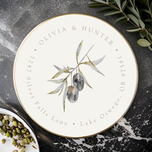 Olive Branch Wedding Couple Names Rücksendeadresse Runder Aufkleber (Von Creator hochgeladen)