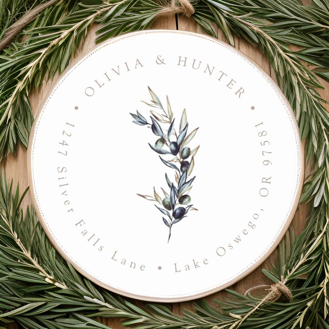 Olive Branch Wedding Couple Names Rücksendeadresse Runder Aufkleber (Von Creator hochgeladen)