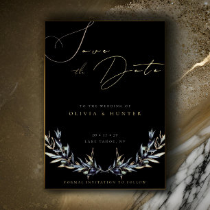 Olive Branch Wedding Save the Date Black and Gold Folieneinladung