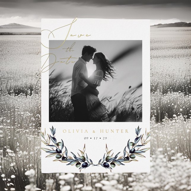 Olive Branch Wedding Save the Date Black and White Folieneinladung (Von Creator hochgeladen)