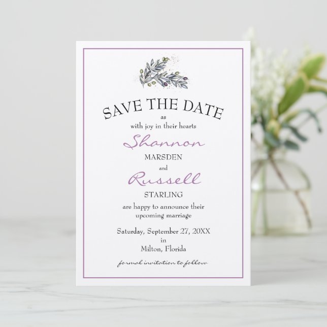 Olive Branch Wedding Save the Date Card Einladung (Stehend Vorderseite)