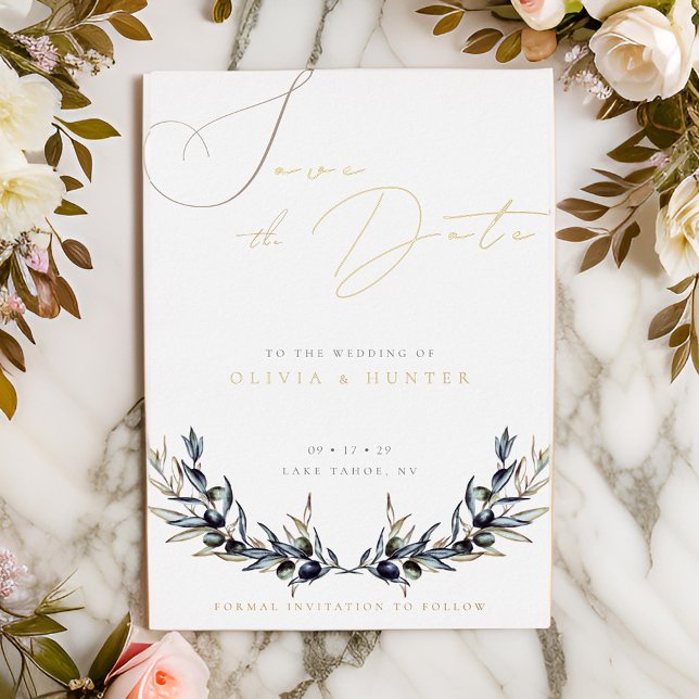 Olive Branch Wedding Save the Date White and Gold Folieneinladung (Von Creator hochgeladen)