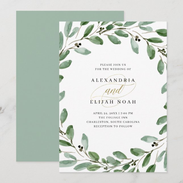 Olive Branches| Einfache Hochzeit in Wasserfarben Einladung (Vorne/Hinten)