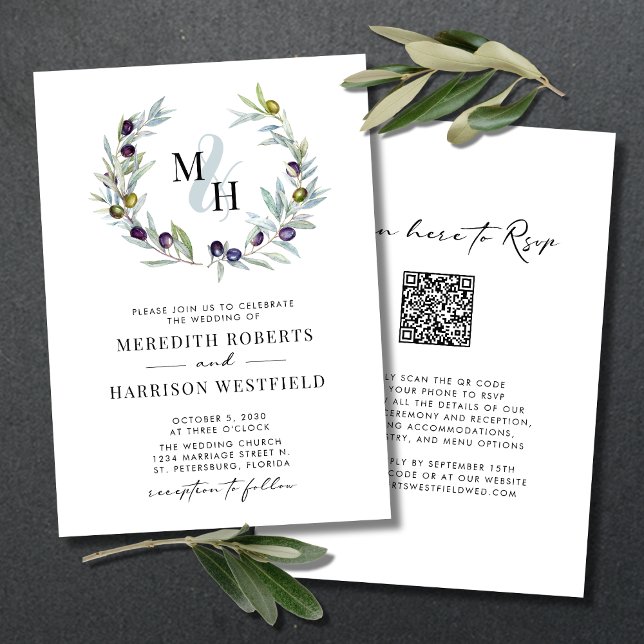 Olive Branches Monogram Wreath Wedding Einladung (Wedding Invitation QR Code RSVP Olive Branch Wreath Monogram Logo Ampersand White)