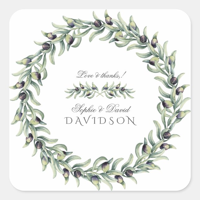 Olive Branches Wreath Wedding Quadratischer Aufkleber (Vorderseite)