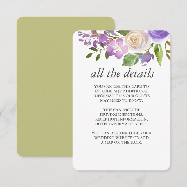 Olive | Chic Lavender Floral Wedding Guest Details Einladung (Vorne/Hinten)