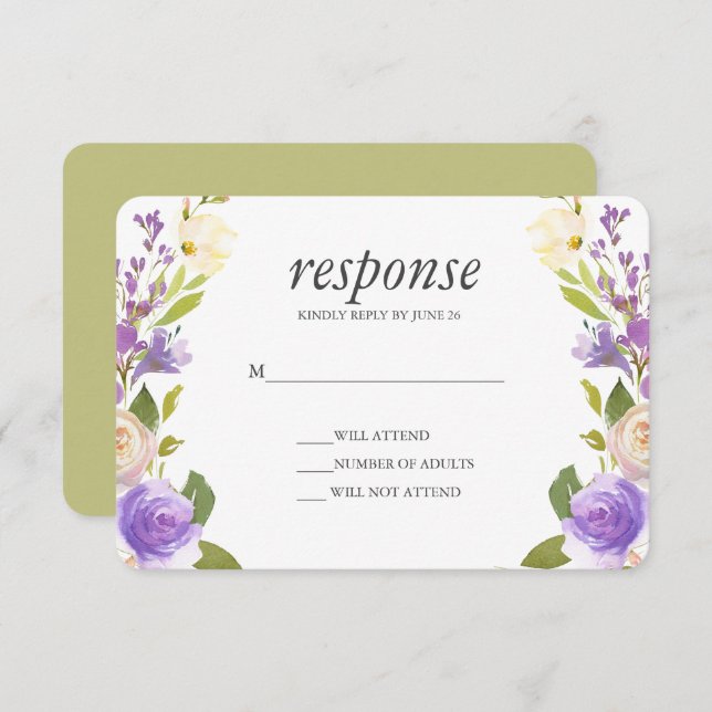 Olive | Chic Lavender Floral Wedding Rsvp Reaktion Einladung (Vorne/Hinten)