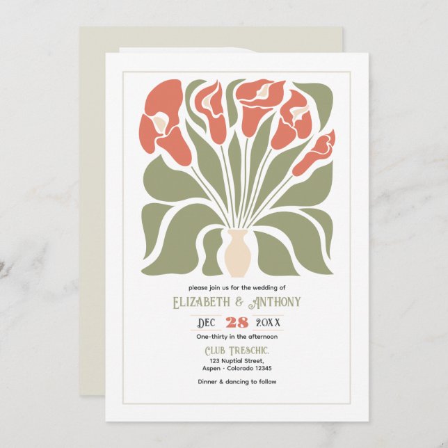 Olive & Coral Clay Abstract Floral Boho Wedding Einladung (Vorne/Hinten)