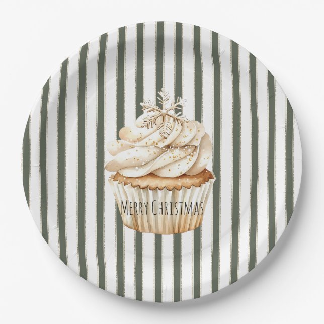 Olive Cream Stripes Snowflake Cupcake Christmas Pappteller (Vorderseite)