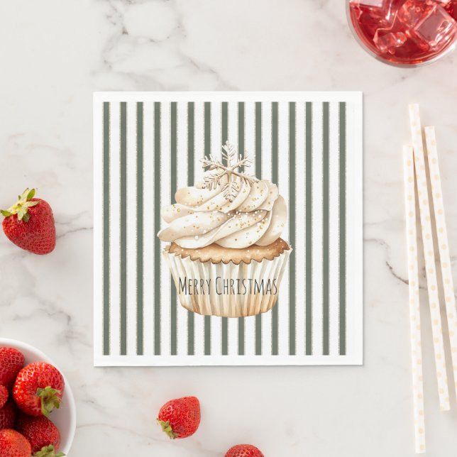 Olive Cream Stripes Snowflake Cupcake Christmas Serviette (Beispiel)