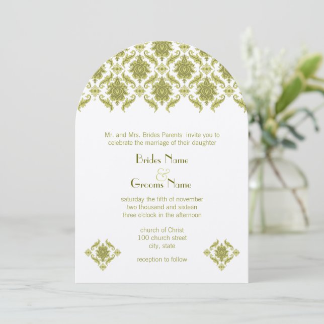 Olive Damask Hochzeitseinladung Einladung (Stehend Vorderseite)