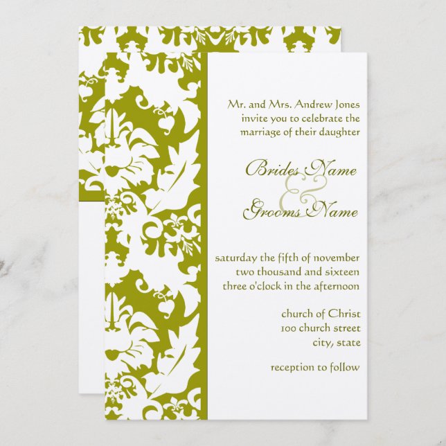Olive Damask Hochzeitseinladungen Einladung (Vorne/Hinten)