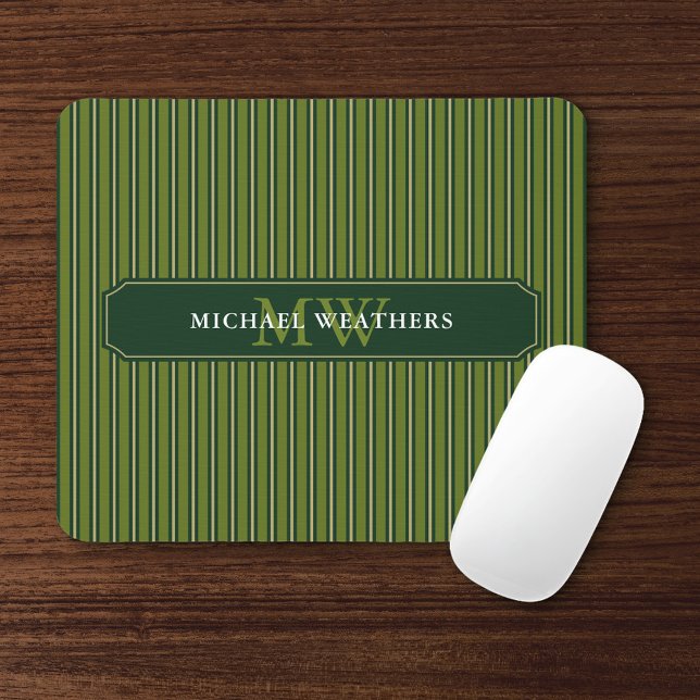 Olive & Dark Green Stripes Your Name and Initials Mousepad (Von Creator hochgeladen)