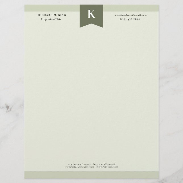 Olive EleganBold Monogram Contact Info Briefbogen (Vorderseite)