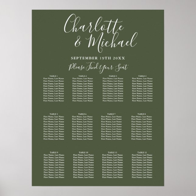 Olive Elegante Signature Wedding Seating Chart Poster (Vorne)