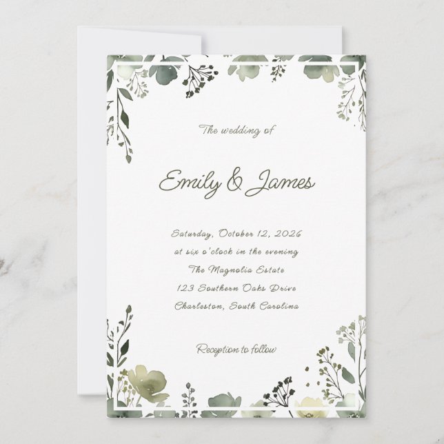 Olive Floral Wedding Einladung (Vorderseite)