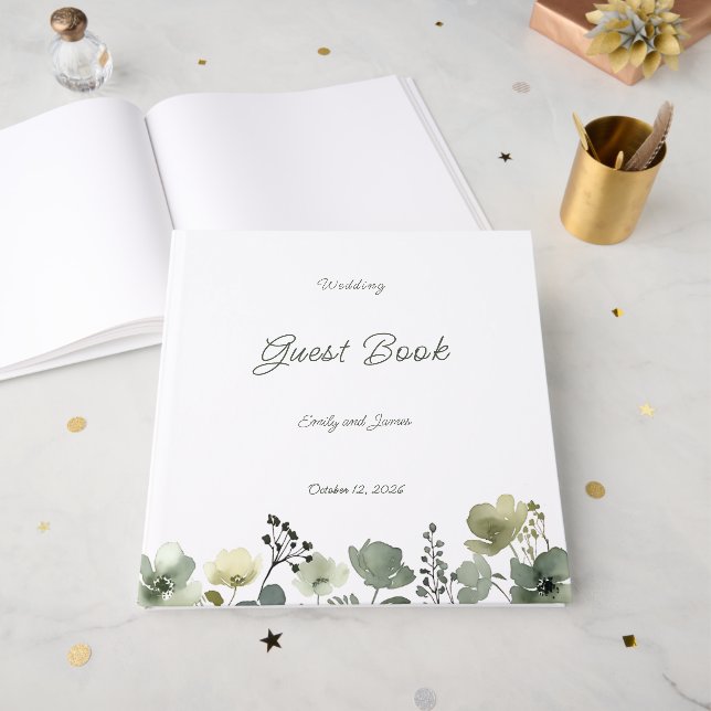 Olive Floral Wedding Gästebuch (Vorderseite offen)