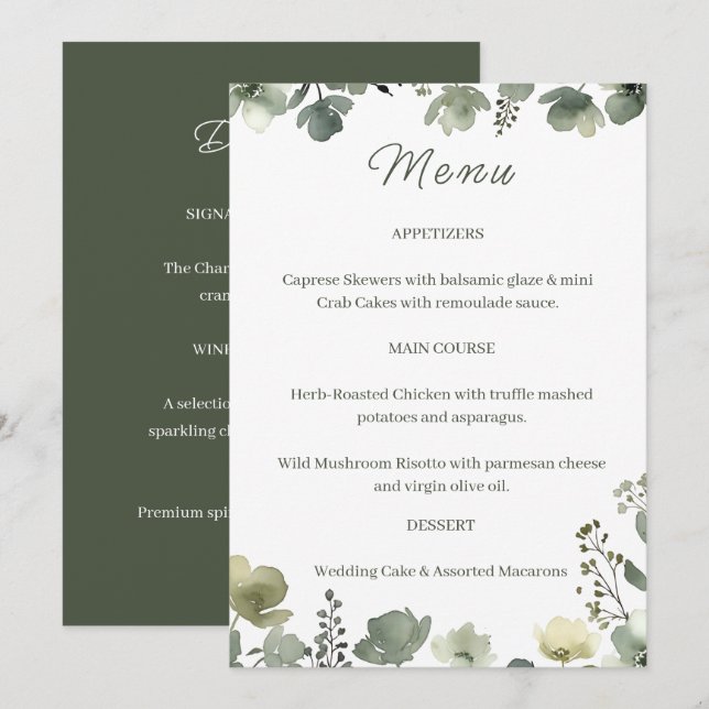 Olive Floral Wedding Menükarte (Vorne/Hinten)