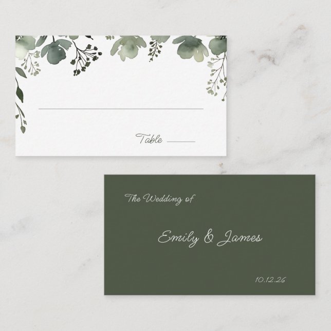 Olive Floral Wedding Platzkarte (Vorne/Hinten)