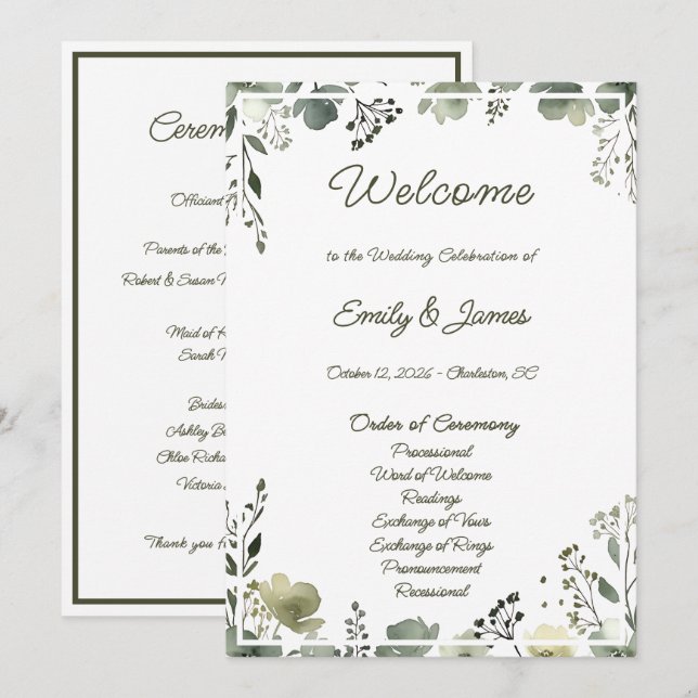Olive Floral Wedding Programm (Vorne/Hinten)