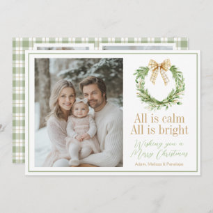 Olive Gold Kariert Wreath Preppy Bow Weihnachtskar Feiertagskarte