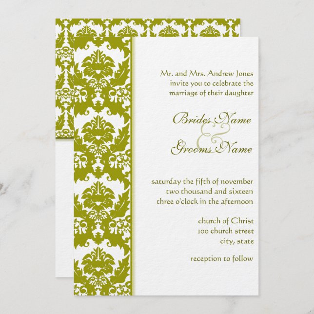 Olive Golden Limon Damask Einladungen (Vorne/Hinten)