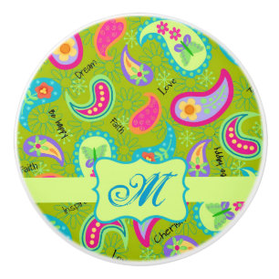 Olive Greeen Modern Paisley Monogram Initial Keramikknauf