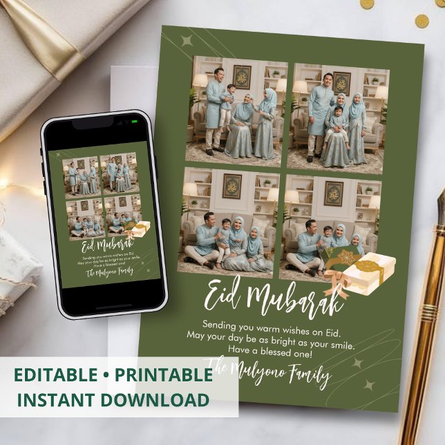 Olive Green 4 Photo Collage Eid Mubarak Card Feiertagskarte (Von Creator hochgeladen)