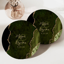 Olive Green Agate Gold Script Wedding Pappteller