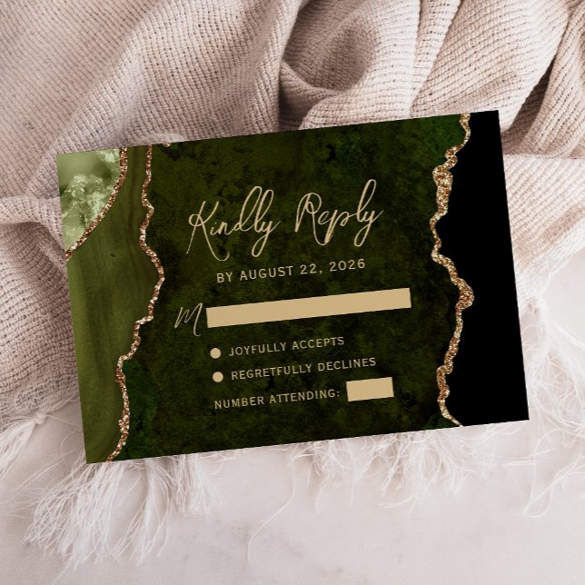 Olive Green Agate Gold Script Wedding RSVP Karte (Von Creator hochgeladen)