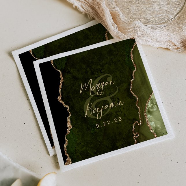 Olive Green Agate Gold Script Wedding Serviette (Von Creator hochgeladen)