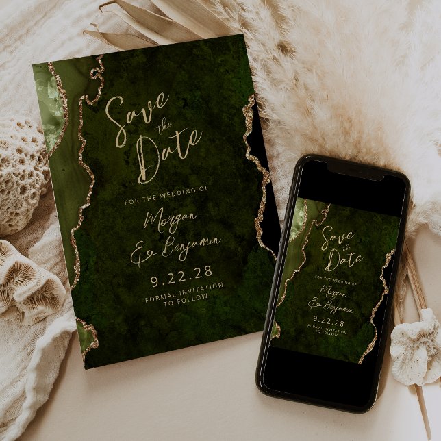 Olive Green Agate Script Wedding Save the Date Einladung (Von Creator hochgeladen)