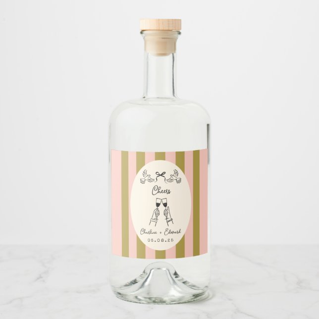 Olive Green and Blush Pink Striped Wedding Bottle  Alkoholflaschenetikett (Vorderseite)