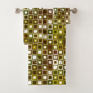 Olive Green and Brown Geometric Square Pattern Badhandtuch Set