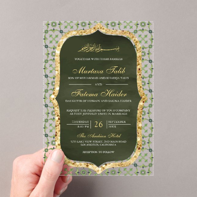 Olive Green and Gold Moroccan Tile Islamic Wedding Acryleinladungen (Insitu (Handheld))