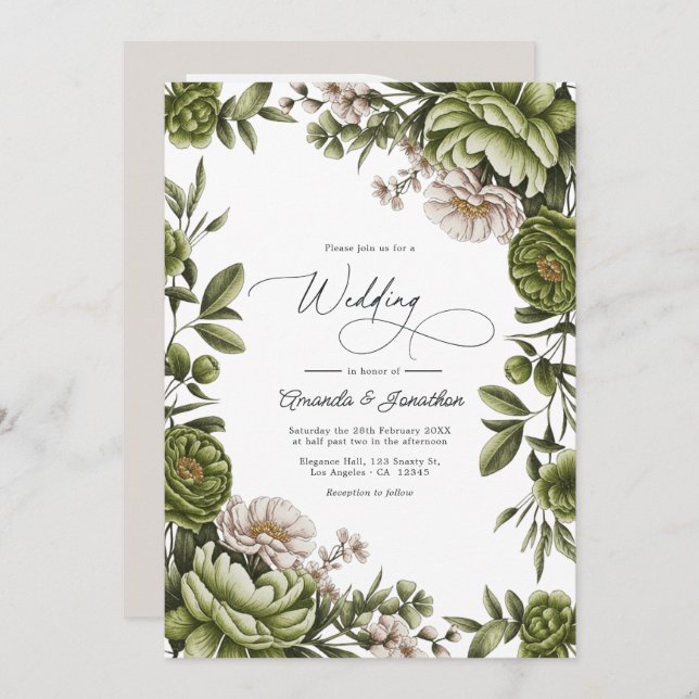 Olive Green and Neutral Floral Wedding QR Code Einladung (Vorne/Hinten)