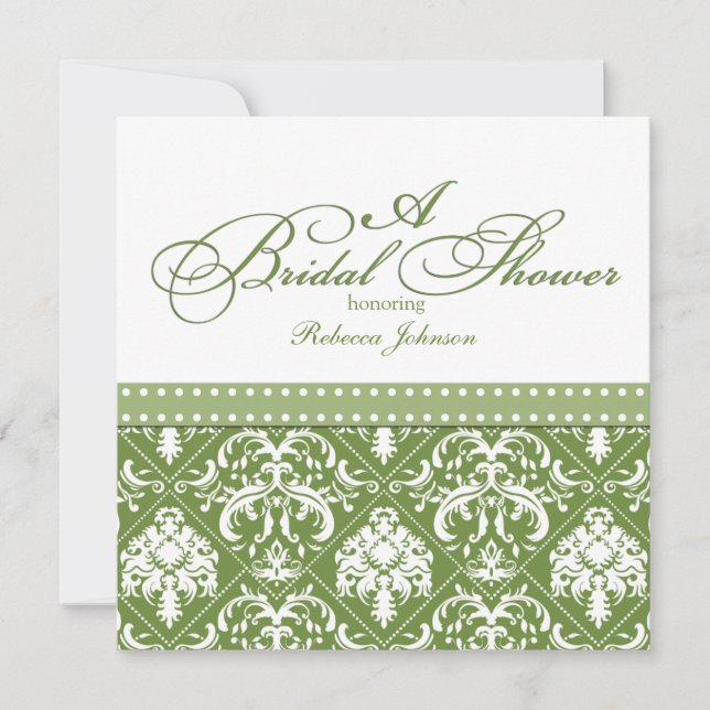 Olive Green and White Damask Brautparty Einladung (Vorderseite)