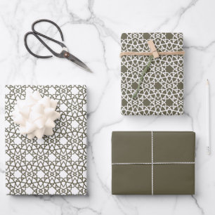 Olive Green Arabesque Design Geschenkpapier Set