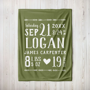 Olive Green Baby Boy Birth Stats Keepake Fleecedecke
