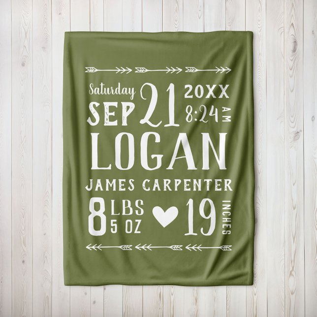 Olive Green Baby Boy Birth Stats Keepake Fleecedecke (Von Creator hochgeladen)