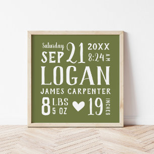Olive Green Baby Boy Birth Stats Keepake Poster