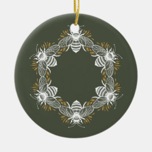Olive Green Bee Circle Keramik Ornament
