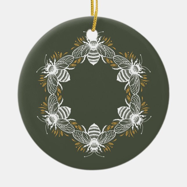 Olive Green Bee Circle Keramik Ornament (Vorne)