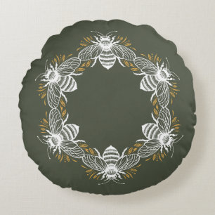 Olive Green Bee Circle Rundes Kissen