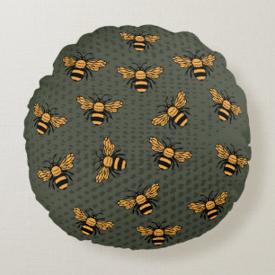 Olive Green Bee Mingle Rundes Kissen